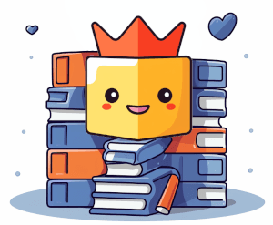 Cube wearing a crown and sitting on a pile of books