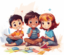 Image of three kids studying together.